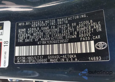 2016 Toyota Avalon Touring z USA, uszkodzony, nr VIN 4T1BK1EB3GU238507